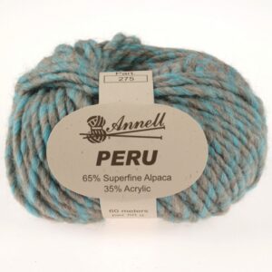 Ball of blue and gray yarn labeled 'Annell PERU', 65% superfine alpaca, 35% acrylic, 60 meters per 50 g on a white label front.